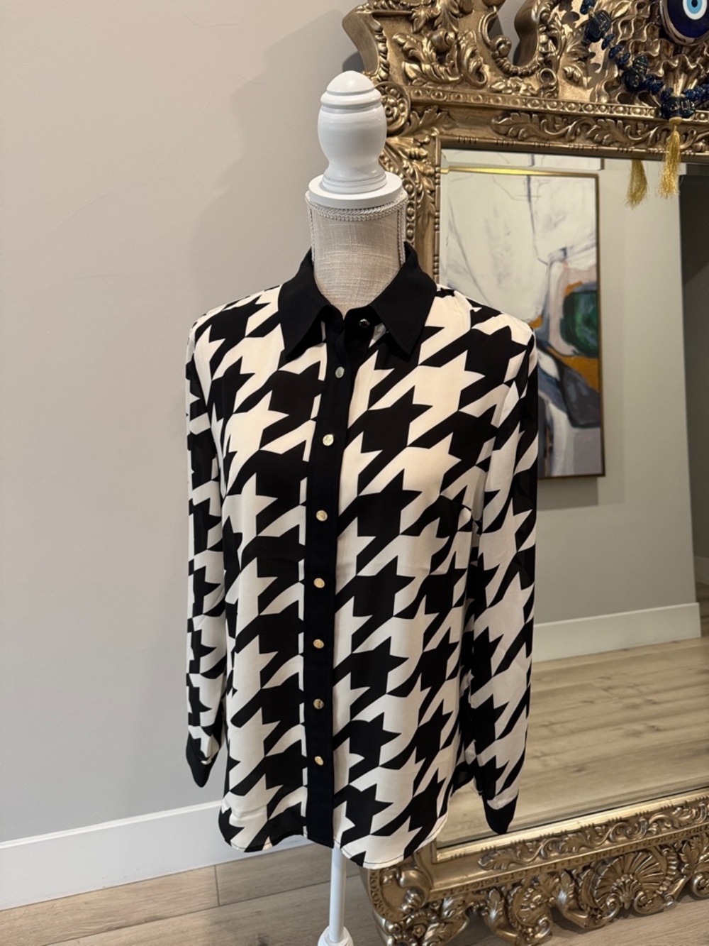 Anne Klein Black and White Houndstooth Button-Down Shirt